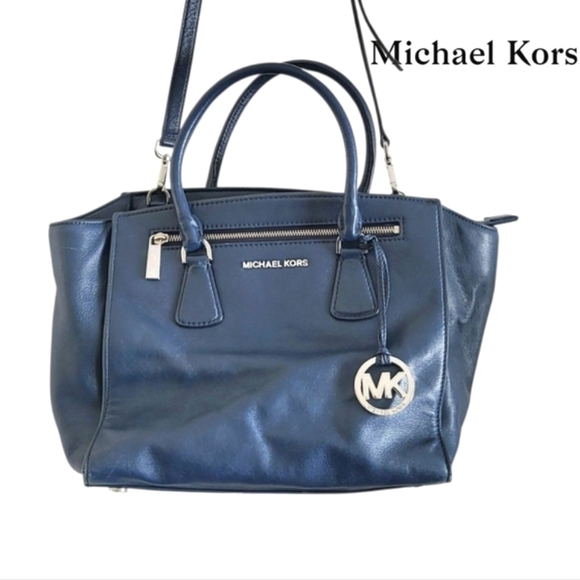 Michael Kors Dual Strap Large Navy Blue Leather Maxine Satchel Shoulder Hand Bag - Picture 1 of 15